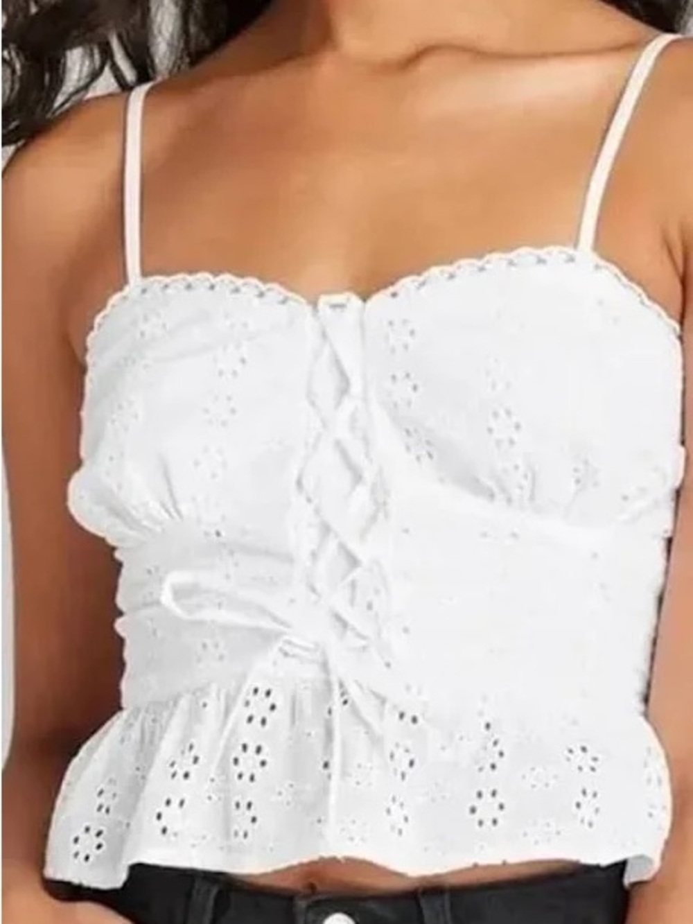 Wild Fable White Eyelet Lace Up Crop Peplum Cami Top XS